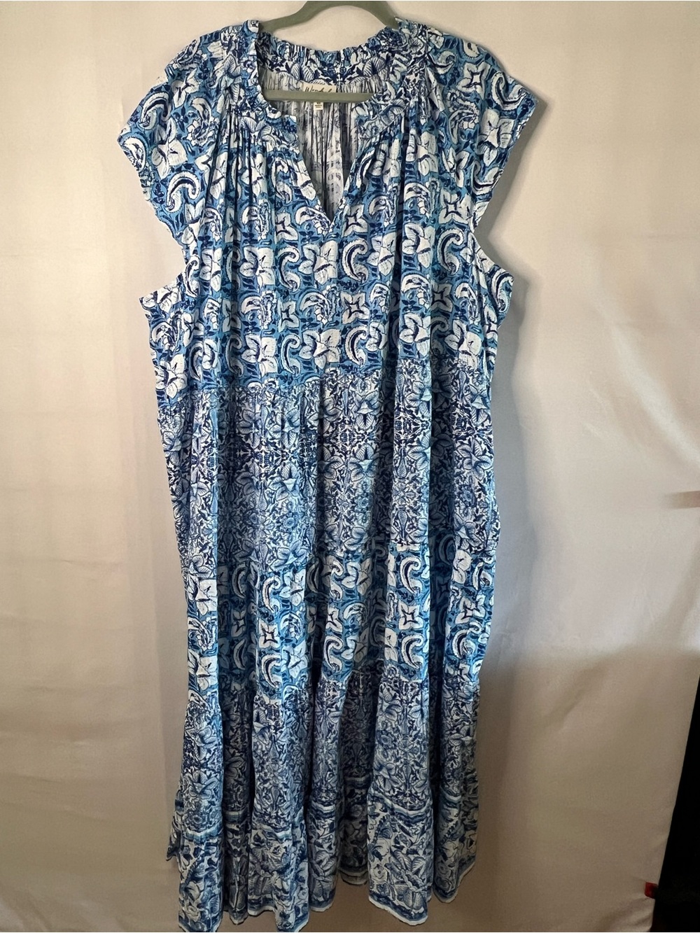Wonderly Blue White Boho Dress 4X Flowy Cotton Blend